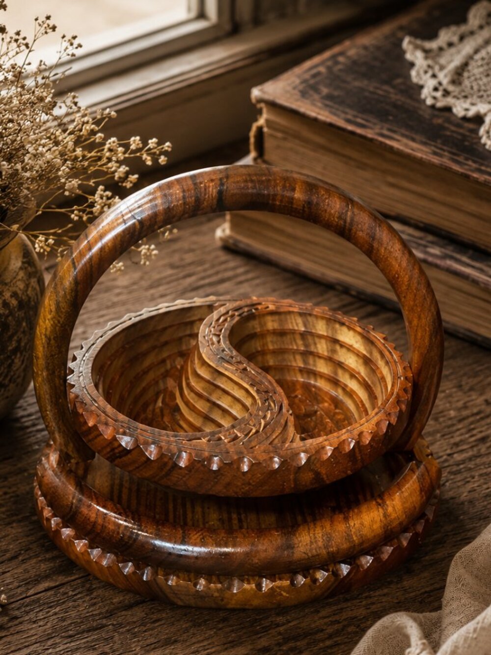 Vintage Wood Hand-Carved Collapsible Basket With a Paisley Yin-Yang Design